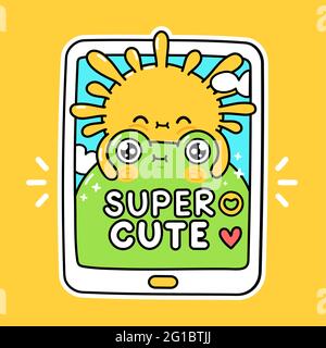 Le soleil rigolo encadre la grenouille dans le smartphone. Icône d'autocollant d'illustration de personnage de dessin animé à la main de vecteur kawaii. Drôle de dessin animé toad grenouille et le soleil dans les médias sociaux concept de caractère Illustration de Vecteur