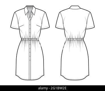 Robe chemise technique mode illustration avec fronces taille, manches courtes, longueur genou jupe crayon, col classique, fermeture à boutons. Vêtements plats à l'avant, à l'arrière, de couleur blanche. Maquette CAD pour femmes et hommes Illustration de Vecteur