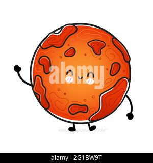 Planète Mars joyeuse et mignonne. Icône d'illustration de personnage de dessin animé à la main de vecteur kawaii. Isolé sur fond blanc. Exploration spatiale, concept de caractère cosmos planète Mars Illustration de Vecteur
