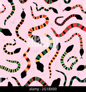 Serpents colorés sur fond rose motif sans couture. Icône d'illustration du style de grunge vectorisé à la main. Différentes couleurs serpent sans coutures Illustration de Vecteur