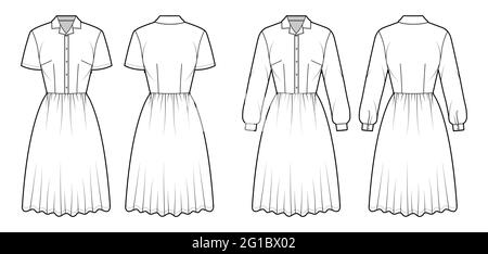 Ensemble de robes maison chemise technique de mode illustration avec manches longues courtes, longueur genou jupe complète, col henley classique. Vêtements plats à l'avant, à l'arrière, de couleur blanche. Femmes, maquette de CAO unisex Illustration de Vecteur