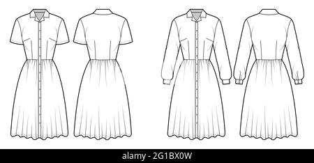 Ensemble de robes chemise technique mode illustration avec manches courtes longues, col de camp, longueur genou jupe complète, fermeture à bouton. Vêtements plats à l'avant, à l'arrière, de couleur blanche. Femmes, hommes unisex CAD Illustration de Vecteur