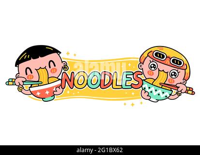 Mignon drôle jeune homme et femme mangent des nouilles dans le bol. Illustration vectorielle de personnage de dessin animé kawaii dessiné à la main. Cuisine asiatique, japonais, coréen mascotte de nouilles dessin animé logo concept de personnage Illustration de Vecteur