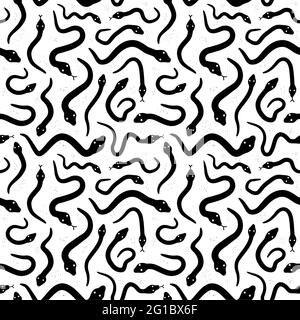 Serpents blancs sur fond noir motif sans couture. Icône d'illustration du style de grunge vectorisé à la main. Différents motifs sans coutures Illustration de Vecteur