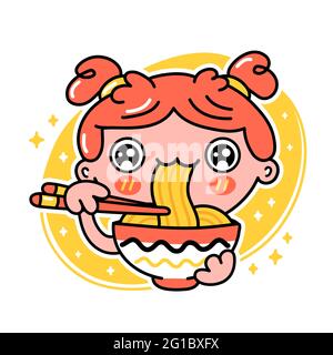 Mignonne drôle fille mange des nouilles du bol. Icône d'illustration de personnage de dessin animé à la main de vecteur kawaii. Isolé sur fond blanc. Cuisine asiatique, japonais, coréen mascotte de nouilles concept de personnage de dessin animé Illustration de Vecteur