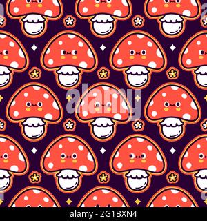 Joli motif champignon amanita amusant sans couture. Dessin animé à plat vectoriel kawaii dessin d'icône. Concept de motif sans couture aux fleurs et aux champignons amanita trippy Illustration de Vecteur