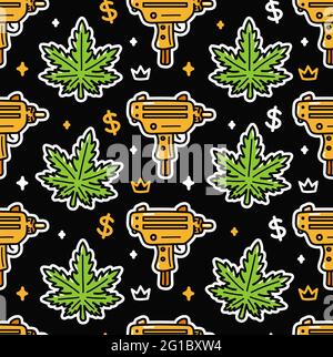 Motif sans coutures en forme de cicadelles et de pistolet de sous-mitrailleuse doré. Dessin d'icône d'illustration de dessin animé vectoriel. Cannabis, pistolet, dollar symbole d'argent liquide concept de modèle sans couture Illustration de Vecteur