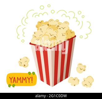 Poster de cinéma classique avec boîte à seau à pop-corn. Concept de cinéma plat à pop-corn grain, regarder un film. Plats à emporter, encas rapides. Paquet de carton à rayures classiques. Clip art vectoriel dessiné à la main Illustration de Vecteur