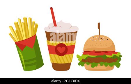 Ensemble de dessins animés à emporter pour hamburgers de restauration rapide, frites et boissons gazeuses. Hamburger et café dessinés à la main à emporter. Menu délicieux fast food. Cheeseburger, bâtonnets de pommes de terre grillées chips pommes de terre. Illustration vectorielle Illustration de Vecteur