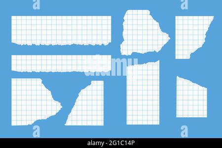 Morceaux de papier blanc carré déchiré pour ordinateur portable différentes formes avec du ruban adhésif. Gabarit de papier déchiré avec bord effiloché. Feuille scolaire à carreaux pour mémo, scraps. Illustration vectorielle sur fond bleu Illustration de Vecteur
