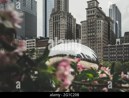 Iew de la ligne d'horizon du centre-ville de Chicago et de la sculpture Cloud Gate, alias The Bean Banque D'Images