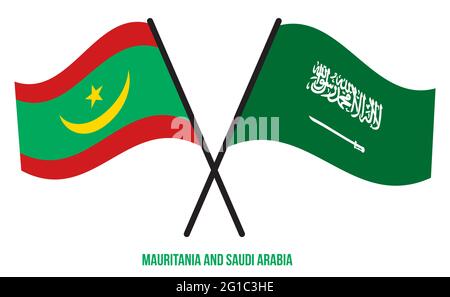 La Mauritanie et l'Arabie Saoudite ont traversé des drapeaux et ont fait des signes de style plat. Proportion officielle. Corriger les couleurs. Illustration de Vecteur