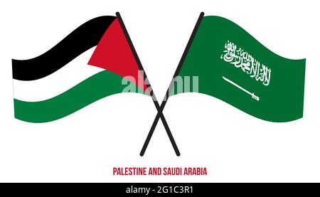 Les drapeaux de Palestine et d'Arabie Saoudite ont traversé et agité le style plat. Proportion officielle. Corriger les couleurs. Illustration de Vecteur