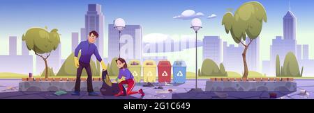 Les gens nettoient le parc de la ville. L'homme et la femme collectent les ordures dans le jardin public et les mettent dans des conteneurs de recyclage. Zone urbaine polluée avec des déchets au sol sous les arbres, illustration vectorielle de Cartoon Illustration de Vecteur