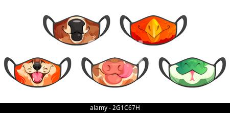 Masques Medic avec muzzles animaux, mignon dessin animé vache, taureau et aigle ou renard et serpent visages drôles. Équipement de protection du visage contre les infections à coronavirus ou les allergies, conception créative, modèles Vector Illustration de Vecteur