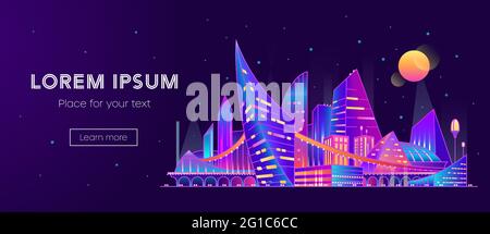 Futur paysage cyberpunk - mise en page horizontale de bannière vectorielle. SCI--fi modèle de glissière ou couverture avec ville moderne dans la nuit. Palette de néon Cyber punk. Illustration de Vecteur