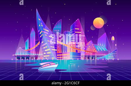 Paysage urbain futuriste de la cyberpunk. Ville moderne sur l'eau la nuit, bateau en premier plan, grille. Concept de la musique, technologie numérique, VR Illustration de Vecteur