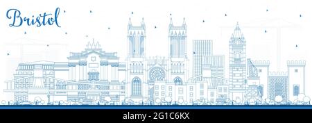 Outline Bristol UK City Skyline avec Blue Buildings. Illustration vectorielle. Bristol England Cityscape avec des sites touristiques. Voyages d'affaires et tourisme. Illustration de Vecteur