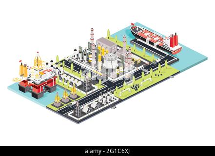 Usine de raffinage. Ferme de réservoir d'huile isométrique. Forage pétrolier offshore Port maritime avec réservoir de pétrole amarré à un terminal de stockage de pétrole Silo. Oil Petroleum Industr Illustration de Vecteur