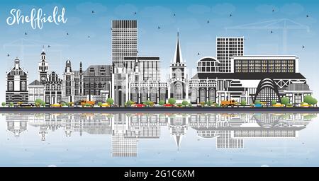 Sheffield UK City Skyline avec les bâtiments couleur, le ciel bleu et les reflets. Illustration vectorielle. Ville de Sheffield dans le Yorkshire du Sud avec sites touristiques. Illustration de Vecteur