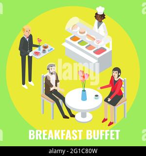 Les clients de l'hôtel ont le petit déjeuner au restaurant, illustration isométrique à vecteur plat. Petit-déjeuner buffet Illustration de Vecteur