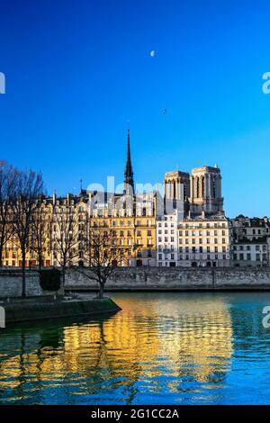 ÎLE DE LA VILLE, QUAI AUX FLEURS, SEINE À PARIS. CATHÉDRALE NOTRE DAME AVANT LE FEU DRAMATIQUE DU 15 AVRIL 2019 PARIS, FRANCE Banque D'Images