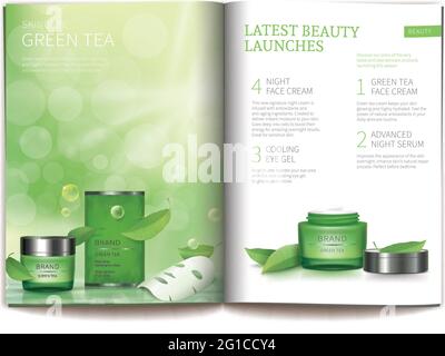 Modèle vectoriel pour magasin cosmétique brillant. Magazine ou catalogue de diffusion, page avec des cosmétiques naturels, feuille de masque à côté des feuilles de thé vert et page avec vert nuit ou jour produit de soin de peau Illustration de Vecteur