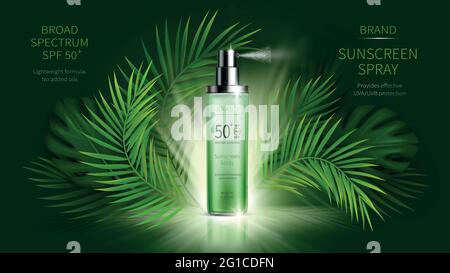 Affiche de publicité réaliste vecteur cosmétique de protection solaire. Flacon vaporisateur en plastique léger avec crème solaire et feuilles tropicales brillantes sur fond vert. SPF cosmétiques, maquette pour magazine brillant Illustration de Vecteur