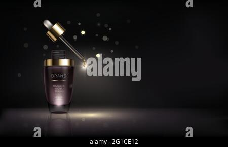 Produit cosmétique de nuit pour le soin du visage, vecteur réaliste. Flacon en verre violet avec pipette goutte à goutte et goutte d'or liquide de sérum revitalisant. Cosmétiques sur surface brillante dans l'obscurité avec des lumières Illustration de Vecteur