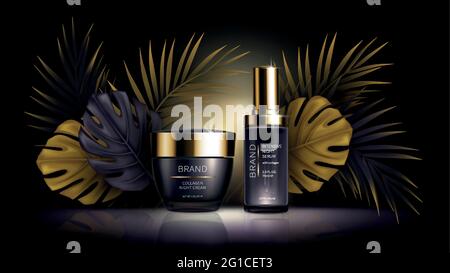 Été nuit soins de la peau cosmétiques vecteur annonces réalistes poster. Flacons violets avec produit cosmétique collagène, paume tropicale dorée noire, feuilles de monstère sur fond sombre. Maquette pour magazine Illustration de Vecteur