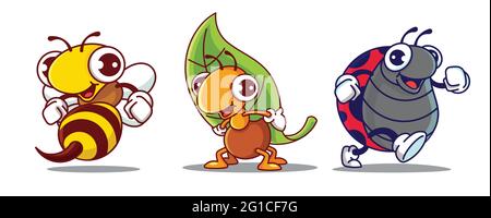 Dessin animé insectes mignons avec le vol d'abeille, fourmis feuille de transport et coccinelles de jogging mascotte ensemble Illustration de Vecteur