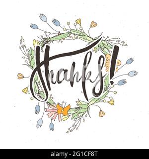Merci. Carte de grillage à la main avec fond de fleur. Lettres de style rétro faites main. Rapport d'illustration de la typographie vectorielle vintage dessinée à la main Illustration de Vecteur
