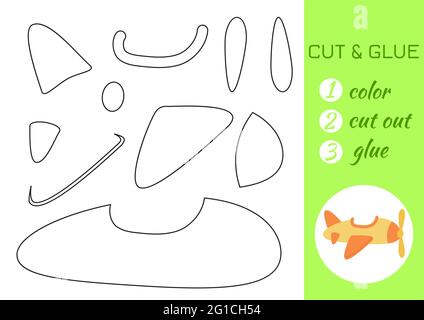 Couleur, couper et coller papier jaune avion. Couper et coller la page d'activité de spécialité. Jeu éducatif pour les enfants d'âge préscolaire. Feuille de travail DIY. Jeux de logique pour enfants, Illustration de Vecteur