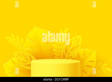 Jaune Podium de produit avec feuille de monstère taillée de papier sur fond jaune. Modèle de maquette moderne pour la publicité. Illustration vectorielle Illustration de Vecteur