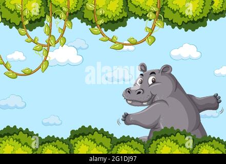 Hippopotamus personnage de dessin animé dans une illustration vierge de scène de forêt Illustration de Vecteur