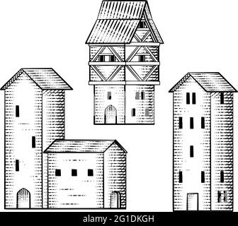 Ensemble Old Medieval Houses Buildings Vintage Woodcut Illustration de Vecteur