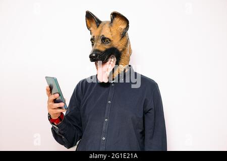 homme costumé avec un masque de chien regardant son téléphone mobile sur un fond blanc Banque D'Images