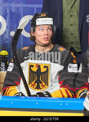 Moritz Seider #53 d'Allemagne USA - ALLEMAGNE 6-1 finale DES CHAMPIONNATS DU MONDE DE HOCKEY SUR GLACE de l'IIHF pour la 3e place à Riga, Lettonie, Lettland, 6 juin 2021, Saison 2020/2021 © Peter Schatz / Alamy Live News Banque D'Images