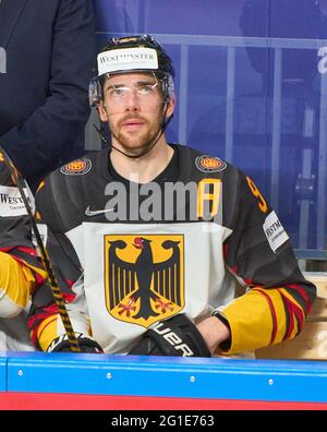 Marcel Noebels #92 de l'Allemagne USA - ALLEMAGNE 6-1 finale DES CHAMPIONNATS DU MONDE DE HOCKEY SUR GLACE de l'IIHF pour la 3e place à Riga, Lettonie, Lettland, 6 juin 2021, Saison 2020/2021 © Peter Schatz / Alamy Live News Banque D'Images