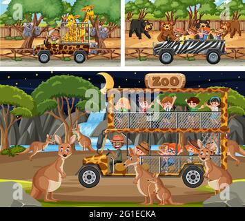 Différentes scènes de safari avec des animaux et des dessins de personnage de dessin animé d'enfants Illustration de Vecteur