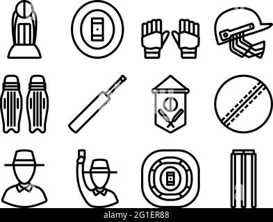 Jeu d'icônes de cricket. Conception de contour gras modifiable. Illustration vectorielle. Illustration de Vecteur