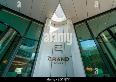 Zone d'entrée à la Grand Tour, la première tour résidentielle en Allemagne, Francfort, Hesse, Allemagne Banque D'Images