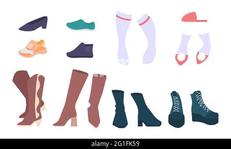Ensemble de chaussures Vector pour femme, éléments de conception plats. Classification de mode Shoewear. Différents types de bottes, de plats, de pompes - vues avant et latérale Illustration de Vecteur