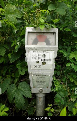 Neuenhaus, Allemagne - juin 6 2021 - Forgotten Old German VDO parking meter de l'ère pré-euro. Cela veut que nous payions avec des pièces de monnaie non existantes Banque D'Images