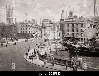 Vue de la fin du XIXe siècle sur le port de Bristol, dans la ville de Bristol, en Angleterre. Le port, anciennement la marée naturelle de la rivière Avon, a été mis dans sa forme actuelle en 1809 quand la marée a été empêchée de sortir définitivement. Une dérivation de marée a été creusée pendant 2 miles à travers les champs de Bedminster pour la rivière, connue sous le nom de 'River Avon New Cut', 'New Cut', ou simplement 'The Cut'. On l'appelle souvent le port flottant car le niveau d'eau reste constant et il n'est pas affecté par la marée. Banque D'Images