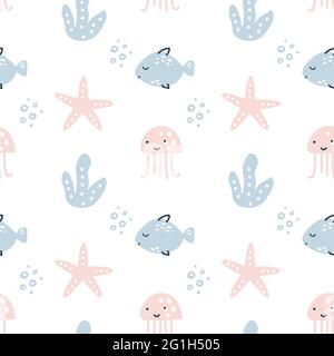 Motif vectoriel scandinave sans couture avec poissons, étoiles de mer et points. Design tendance Summer Vector idéal pour les tirages, les prospectus, les bannières et le tissu Illustration de Vecteur