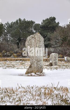 Carnac (Bretagne, Nord-Ouest de la France) : les alignements Menec couverts de neige le 2021/02/11 Banque D'Images