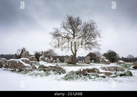 Erdeven (Bretagne, nord-ouest de la France) : les alignements Menec couverts de neige le 2021/02/11 Banque D'Images