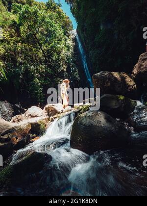 Jolie femme blonde avec un chapeau d'été debout sur des rochers pour profiter de la cascade mousseuse dans la forêt Banque D'Images