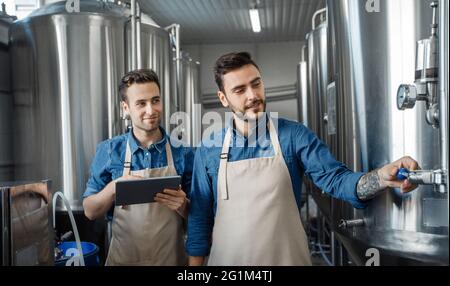 Brasserie artisanale moderne et élégante. Processus de production de bière et brassage à l'usine Banque D'Images